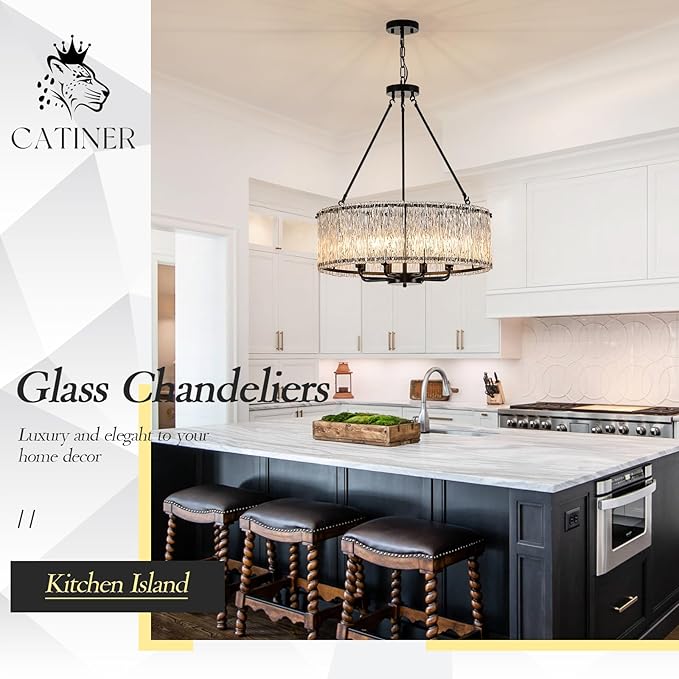 Modern Drum Chandelier 24.4" Black Crystal Glass Chandeliers 8-Light Luxury Ceiling Pendant Lighting Fixture for Dining Room Foyer Living Room Bedroom