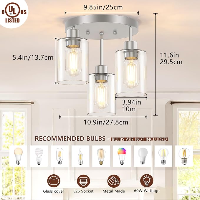 3-Light Brushed Nickel Flush Mount Ceiling Light, Hallway Light Fixtures Ceiling Mount with Clear Glass Shades, Modern Close to Ceiling Light Fixtures for Kitchen Foyer Entrayway