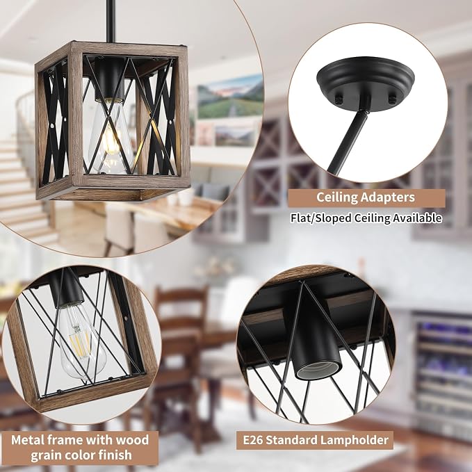 KEESFU Farmhouse Pendant Light, 1 Light Metal Cage Hanging Light with Wooden Grain Finish,Height Adjustable Kitchen Island Lighting,Pendant Lighting for Kitchen Island Hallway Foyer.2 Pack.