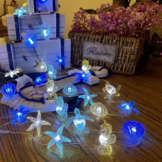 Ocean Themed String Lights Marine Life Night Light Beach Décor Sea Turtle Seahorse Starfish Clam Decorative Lights Battery Operated USB Plug in 30LED 10ft Christmas Tree Ornaments Holiday Bedroom
