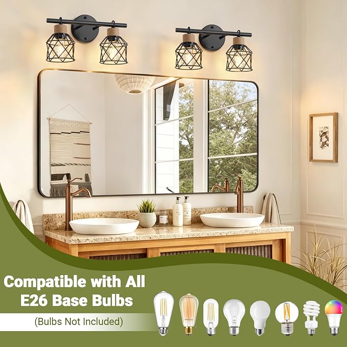 2-Light Farmhouse Bathroom Light Fixtures, Rustic Black Bathroom Lighting Over Mirror with Metal Shade, Modern Coastal Vanity Lights for Mirror Living Room Cabinet Bedroom