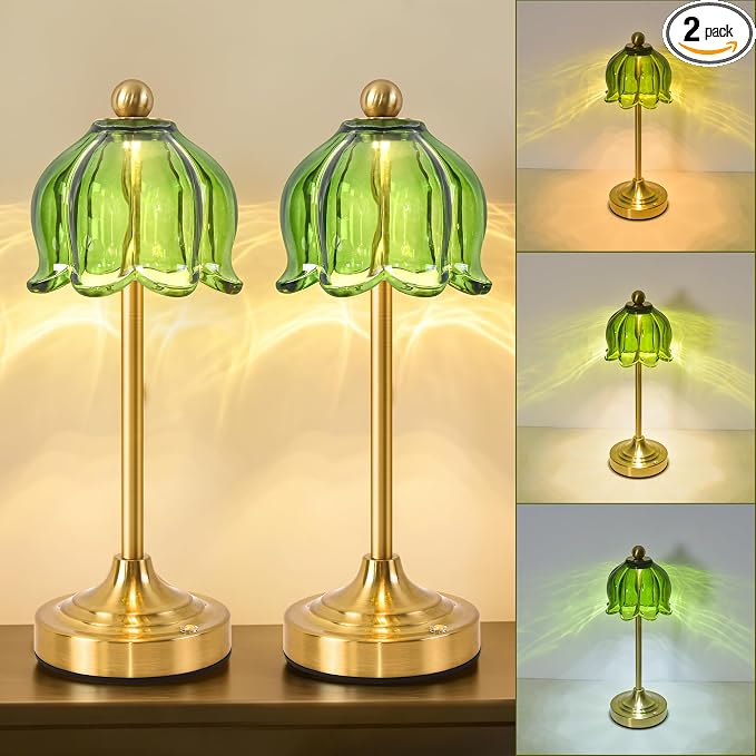 Set of 2 Vintage Cordless Green Glass Tulip Table Lamps, Accent Light