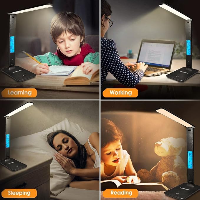 Desk Lamp with Wireless Charger: USB Charging Port, Table Lamp with Clock, Desk Lamps for Home Office College Dorm Room Essentials