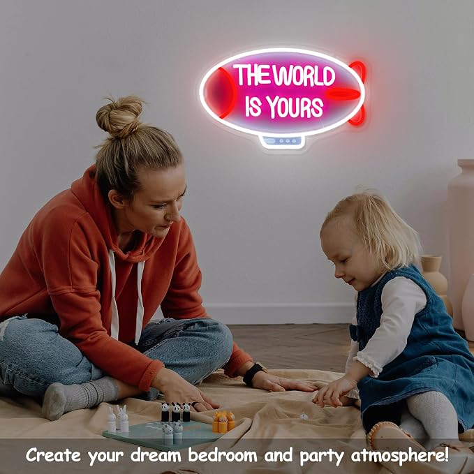The World Is Yours Neon Sign Dimmable Blimp Neon Light for Wall Decor | USB Powered Airship Led Light Up Sign for Bedroom Game Room Man Cave Boy Teen Room Bar Birthday Party Wedding Valentines Day