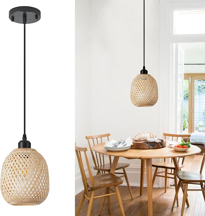 1pcs Hand Woven Bamboo Boho Chic Pendant Light,Adjustable Cord Bamboo Rattan Ceiling Hanging Light for Dining Room Bar Cafe Restaurant Craft Room