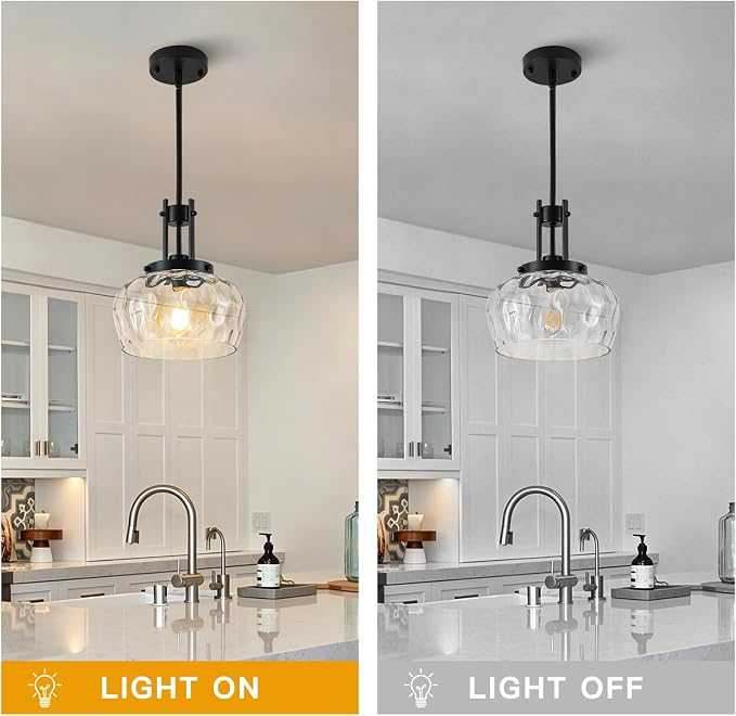 10 Inch Pendant Lights Kitchen Island, Black Pendant Light Fixtures with Hammered Glass Shade, Modern Farmhouse Island Hanging Light for Kitchen Dining Room Bedroom(Black)