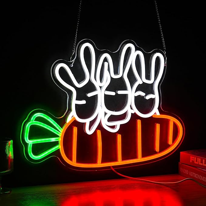 Rabbit Carrots Neon Sign Led Easter Neon Light For Wall Decor Light Up Carrots Sign USB Powered Rabbit Neon Light Signs For Art Restaurant Easter Party Animal kindergarten Room Childrens Birthday Gifts (16.9‘’*12.6‘’）