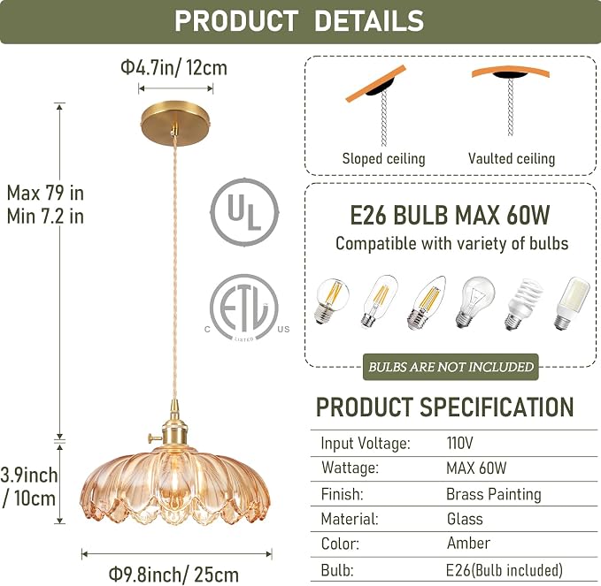 Pendant Lights Kitchen Island,Amber Glass Vintage Light Fixtures,9.8inch E26 Adjustable Hanging Light Flower Finish Ceiling Hanging Lamp for Bedroom Living Room Hallway 1 Light