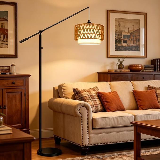 【Upgraded】Boho Arc Floor Lamp with Adjustable Swing Arm, Farmhouse Rustic Floor Lamp with Rattan & Fabric Shades, Rattan Standing Lamp with 11W Bulb, Tall Lamp for Living Room Bedroom Office, Black