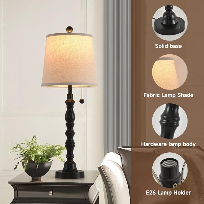 Lamps Set of 2 Modern Farmhouse Table Lamp Bedside Reading Lamps Living Room End Tables Set Lamps for Night Stands Bedroom Night Lamp,High 26.25 Inch,Black,With Fabric Lamp Shade,Bulb Not Included