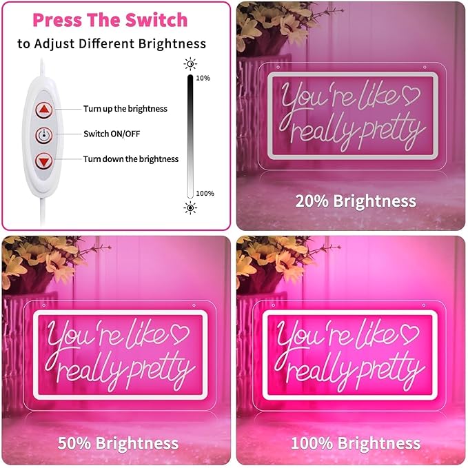 You’re Like Really Pretty Neon Sign – Pink LED Neon Light Wall Decor, 3D Art Carving, Dimmable USB Powered Night Light for Bedroom, Aesthetic Wall Decor, Christmas & Birthday Gift