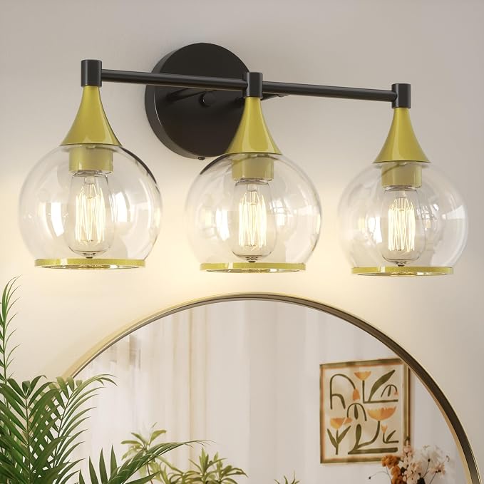PAIHOME 3-Light Gold and Black Bathroom Vanity Light Fixtures Over Mirror | Painted, Anti-rust, UL-Certified, Elegant Globe Glass Shade, Modern Vintage, Easy to Install,Versatile Wall Decor Light