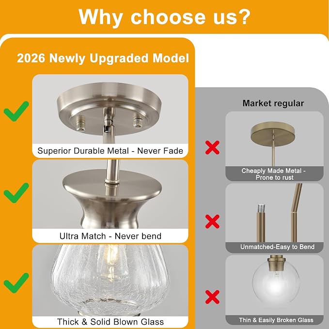 Modern Pendant Lights Kitchen Island, 1 Pack Brushed Nickel Pendant Light Fixtures with 8.5" Clear Crack Glass Shade, Industrial Hanging Pendant Lights Fixture for Kitchen Island Dining Room Entryway