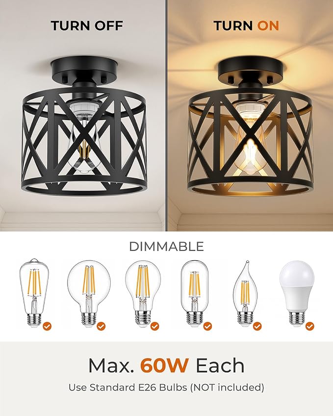 2Pack Farmhouse Semi Flush Mount Ceiling Light Fixture E26 | Black Metal Cage Industrial Suitable for Kitchen, Bedroom, Foyer, Entryway, Laundry Room, Hallway 8 Inch