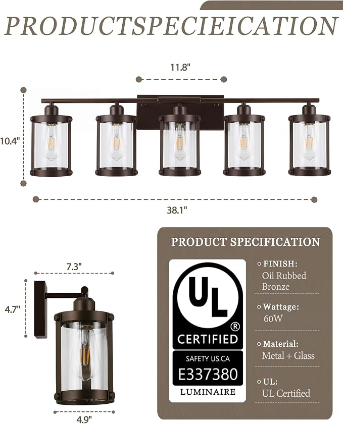 5-Light Oil Rubbed Bronze Bathroom Light Fixtures Over Mirror with Clear Glass and Metal Cage Shade, 38" UL-Listed Modern Farmhouse Wall Sconce for Bath, Hardwire E26, OS-3014ORB-5W