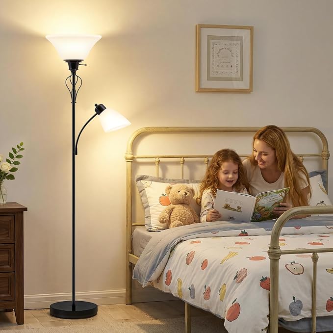 Floor Lamps for Living Room, 70" Tall Torchiere Floor Lamps, Plastic Shade | Tall Lamp with Adjustable Gooseneck Reading Light, Modern Corner Standing Lamp for Bedroom, Office, Separate On/Off Switch