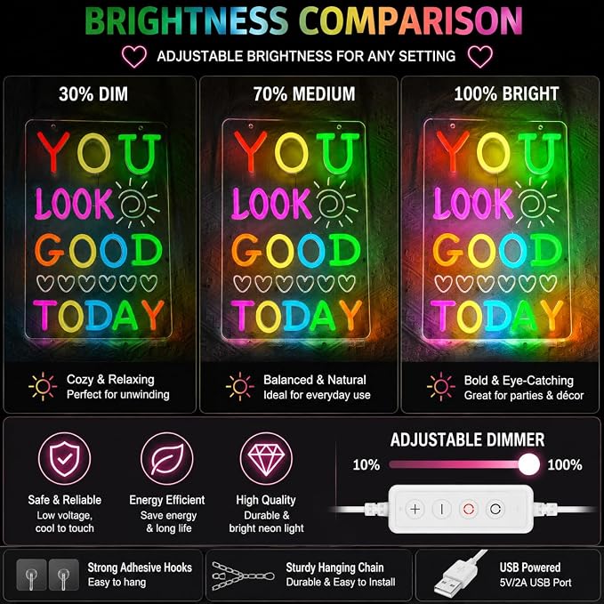 You Look Good Today Neon Sign for Wall Decor, Colorful Led Neon Light for Bathroom Bedroom Decor, Dimmable Mood Lighting for Office Cloakroom Party Kids Room Bar, 5V USB