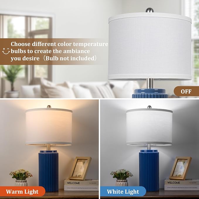 23.5" Blue Ceramic Table Lamps Set of 2, Modern Nightstand Lamps | Bedside Table Lamps with White Linen Shade, Ideal Size, Farmhouse Home Decor for Living Room Bedroom Office End Table Dorm
