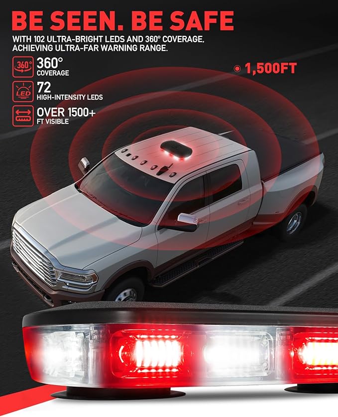 HLauto 700A Rooftop Emergency Strobe Lights Bar, 72 LED Red White Mini Beacon Safety Flashing Warning Traffic Lights Bar w/Magnetic Base for 12-24V Trucks, Construction Vehicles, Snowplow, Cars