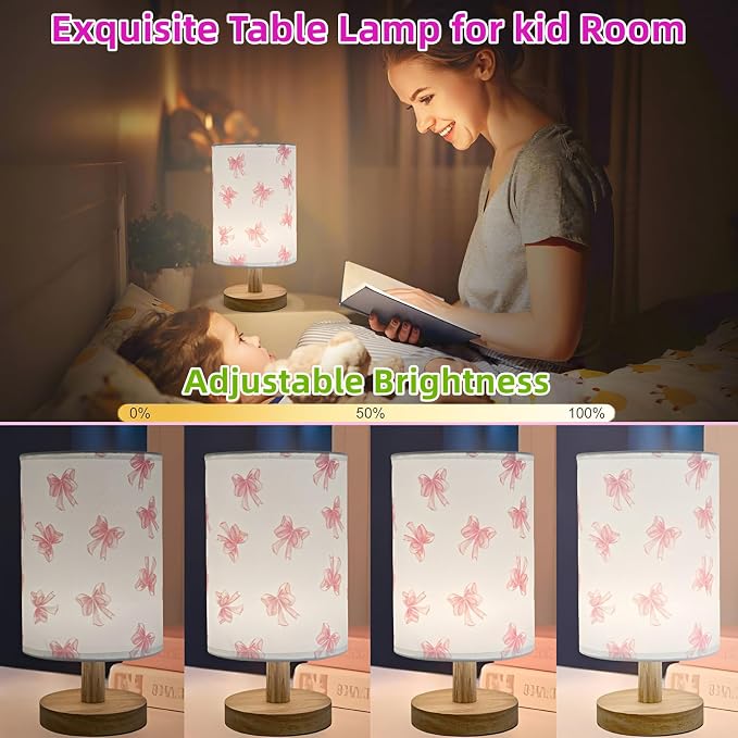 Pink Bow Bedside Table Lamp for Bedroom,Kids Room Decorative Lights 3 Colors Dimmable Nightstand Night Light with Flaxen Fabric Shade Desk Lamp for Girls Boys Birthday Gifts for Home Living room Decor