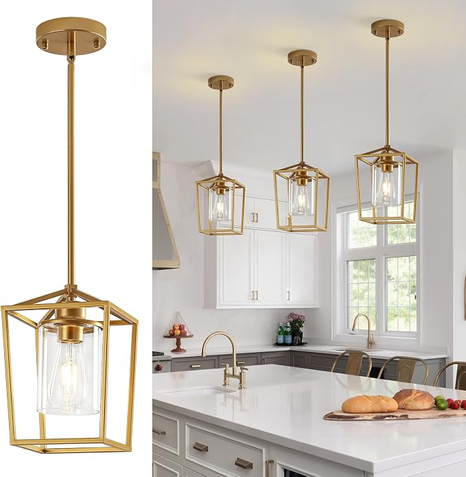 Gold Pendant Lighting for Kitchen Island, 1 Light Modern Cage Kitchen Hanging Pendant Lights with Clear Glass Shade for Kitchen Island, Dining Room, Entryway, Hallway