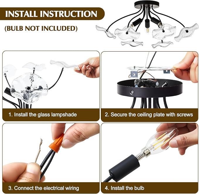 Luvkczc Semi Flush Mount Ceiling Light, Modern Glass Ceiling Light Fixture, Vintage Black Lighting for Kitchen Entryway Hallway Bathroom Bedroom Foyer, 3 Light E12 Socket