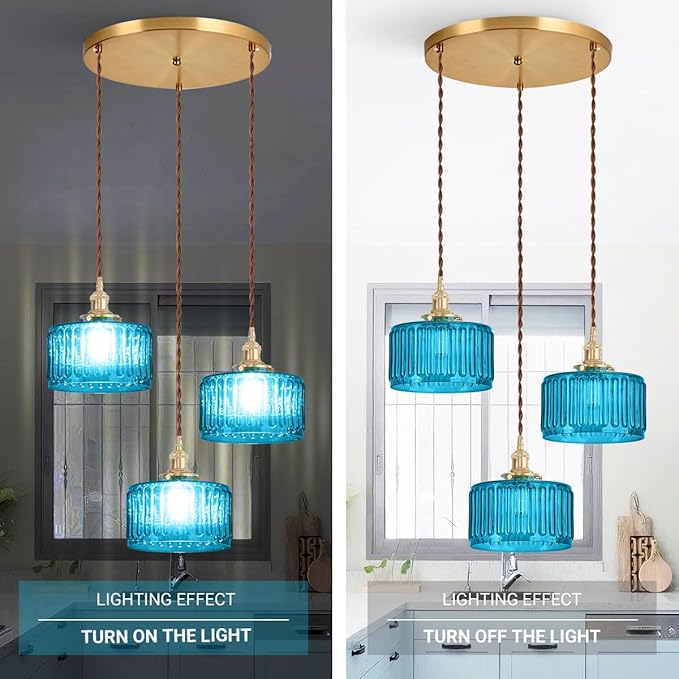 Mid Century 3-Light Blue Glass Chandelier Globe Cluster Chandeliers with Striped Round Shade Modern Large Glass Ceiling Pendant Light Fixtures for Kitchen Island Staircase Dining Room