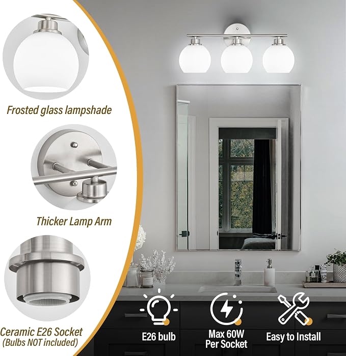 Brushed Nickel Bathroom Light Fixtures, 3-Light Vanity Light Over Mirror | Modern Bathroom Lighting Over Mirror, Wall Sconces, Milky White Globe Glass Shades, E26 Socket,ETL Listed