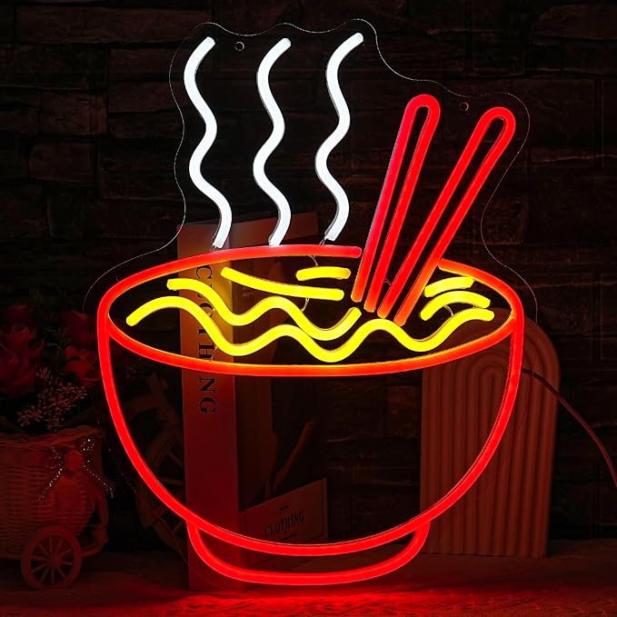 Ramen Neon Sign for Wall Decor Noodle LED Neon Lights Dimmable Food Noodle Light Up Signs LED Neon Signs for Japanese Resturant Home Bar Kitchen Room Cafe Decorction(16.5"*12.9")