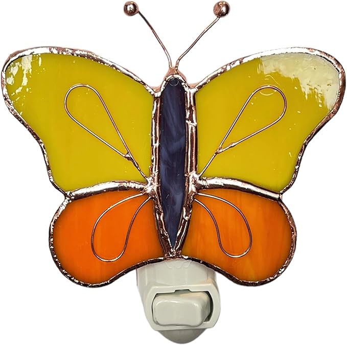 Gift Essentials Yellow and Orange Butterfly Plug in Night Light - Stained Glass Nightlight with On/Off Rocker Switch - Includes One 4 Watt Replaceable Incandescent Warm Glow Bulb