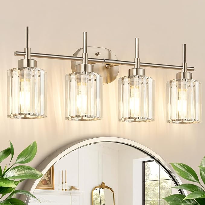 Modern Crystal Vanity Light Fixtures, 4-Light Brushed Nickel Bathroom Vanity Lighting Over Mirror, Bathroom Light Fixture with K9 Clear Crystal Shades for Bedroom, Living Room, Hallway