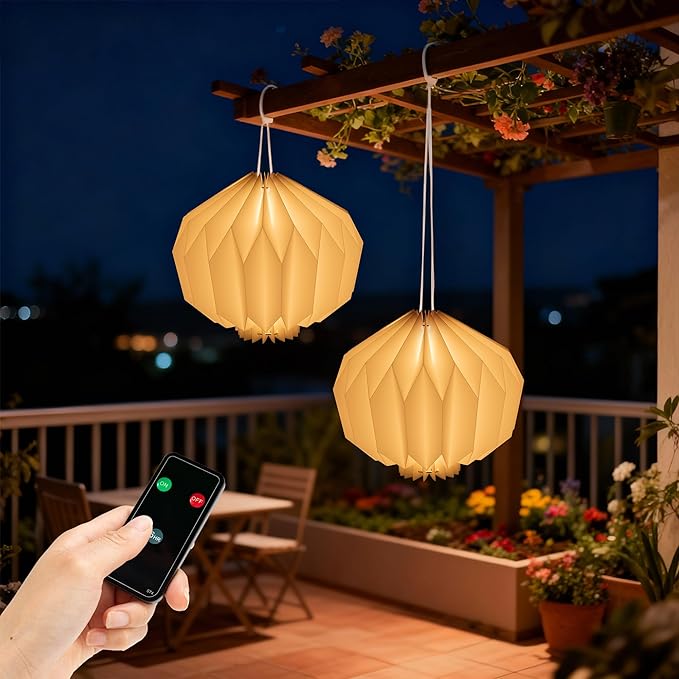 Battery Operated Outdoor Paper Lantern — 2Pack Waterproof Hanging Decorative Light with Remote Timer, Foldable Pendant Paper Lantern for Patio Garden Backyard, Porch Decor