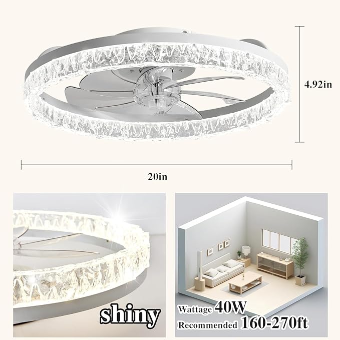 Ceiling Fans with Lights and Remote Fandelier - 20" Flush Mount Low Profile Modern Ceiling Fans for Bedroom - Stepless Color Temperature and 6 Speeds, White Irregular Crystal