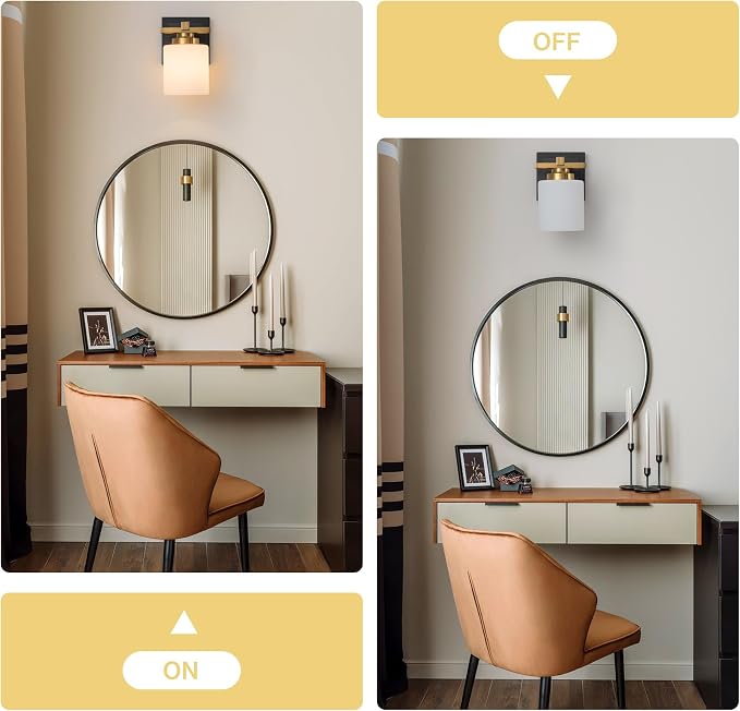 Modern Bathroom Light Fixtures Over Mirror, Vanity Lights for Bathroom Wall Sconces with Milky White Glass Shades, E26 Socket (Bulbs Not Included), 1 Light, Black Gold
