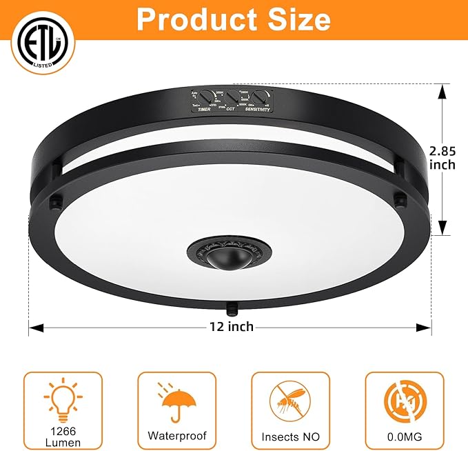 24W LED Motion Sensor Outdoor Ceiling Light, 12IN 2700K/3000K/3500K/4000K/5000K Adjustable Ceiling Lights, Dusk to Dawn Flush Mount LED Ceiling Light Fixture for Porch, Entryway, Garage