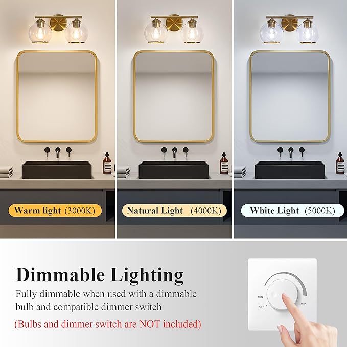 Brushed Gold Bathroom Vanity Light Over Mirror, 2 Light Bathroom Light Fixtures with Clear Globe Glass Shade, Modern Vanity Lighting Wall Mounted