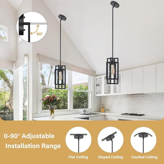 Farmhouse Pendant Light Fixtures 2 Pack 1 Light, Cage Black Finish Modern Pendant Lights with Max 59'' Adjustable, Small Square Pendant Ceiling Hanging Light for Kitchen Island Dining Room Entryway