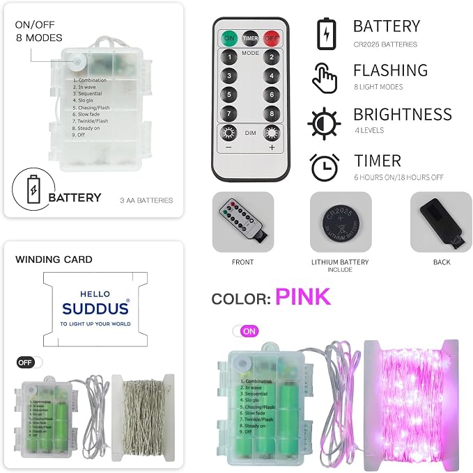 Pink Fairy Lights Battery Operated Outdoor Waterproof, 33ft 100 Led String Lights with Remote, Twinkle Lights for Bedroom, Dorm, Tapestry, Christmas, Party Decorations