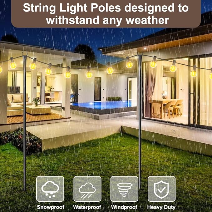 2 Pack 10FT Lighting Hanging Pole for Outside, Waterproof Hardened Metal Outdoor String Light Poles for Patio, Garden, Bistro, Wedding, Parties