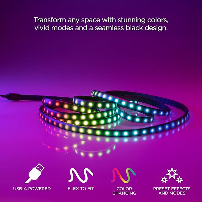 Enbrighten USB Powered RGB LED Light Strip, 12ft, Indoor LED Tape Light, Push Button, RGB, 76433