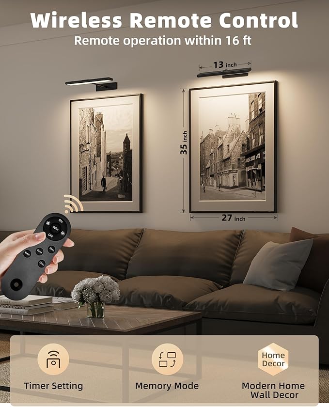 EZVALO Picture Light for Wall, 16'' Black Rechargeable 4800mAh Battery Lights Wireless with IR Remote, Magnetic LED Art Painting Light with 3 Color Temperatures, Display for Gallery, Living Room(2P)