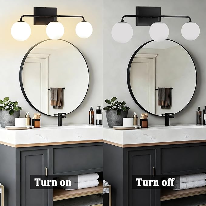 24.8" Black Globe Bathroom Vanity Light, 3-Light Mid Century Light Fixtures Over Mirror, Modern Vanity Lighting with Milk White Glass Shade for Bathroom Bedroom Living Room Hallway