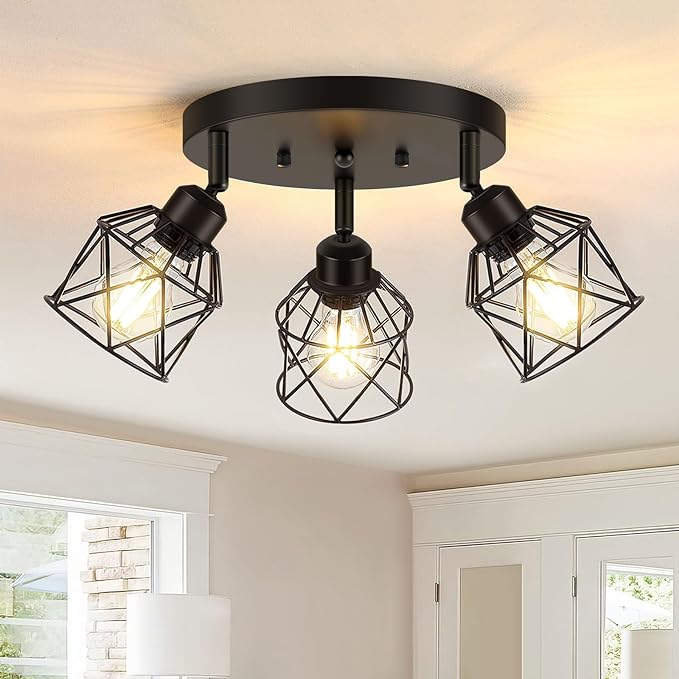 3-Light Kitchen Flush Mount Ceiling Light, Adjustable Multi-Directional Ceiling Light Fixture, Farmhouse Black Metal Cage Close to Ceiling Lamp for Dining Room Bedroom Hallway