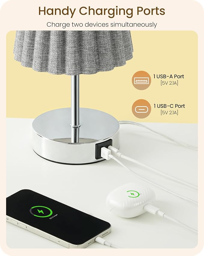Small Bedside Table Lamp, Touch Dimmable Table Lamp with USB Ports, Nightstand Lamp with a Stepless Dimming LED Bulb, E26 Base, for Bedroom, Study, Desk, Glossy Gray and Gray PSH16TL05