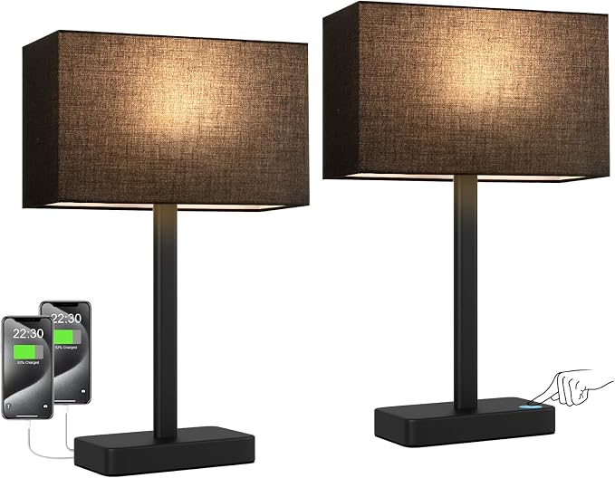 Hong-in Touch Lamps for Bedroom - 3-Way Dimmable Bedside Lamps Set of 2 with USB C+A, Black Modern Table Lamp for Night Stands, Desk Lamp for Living Room Nightstand End Tables Bed Side