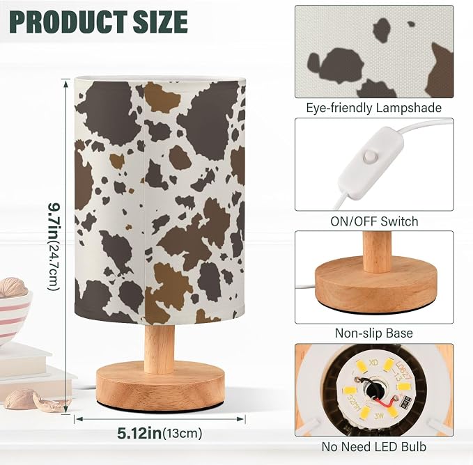 Table Lamp Cow Skin Brown Cowhide Pattern Nightstand Lamp with Wood Base Fabric Lamp Shade Bedside Desk Lamp for Living Room Bedroom Kids Room Office