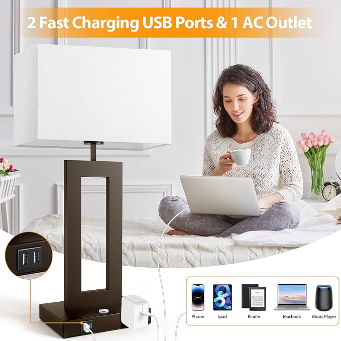 27.2’’ Tall Brown Table Lamps for Living Room Bedroom, Bedside Touch Control Lamps with 2 USB Ports&AC Outlet, 3 Color Temp.&Stepless Dimming Desk Lamp Sets for Home Office, Pre-assembled White Shade