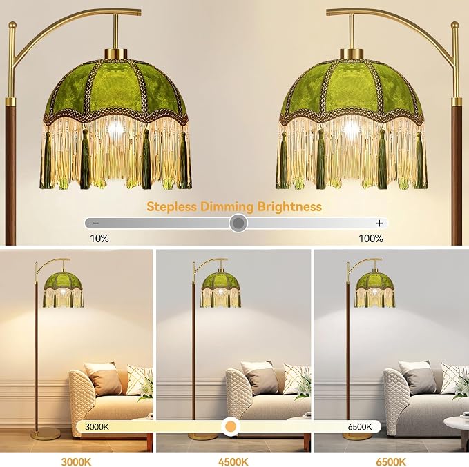 ILLMTW Green Floor Lamp for Living Room,Bedroom,Fringe Standing Lamp with Remote Dimmable,Victorian Mid Century Gold Arc Tall Lamp Boho Vintage Retro Wood Tassel Flower Unique Lamp Tiffany Decor