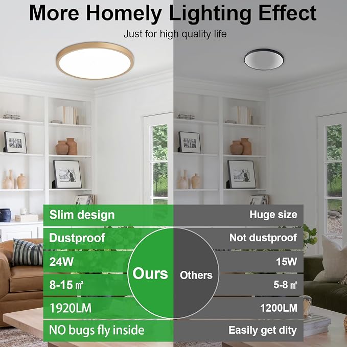 LED Flush Mount Ceiling Light: 12 inch 1Pack Super Slim Dimmable & 5CCT (2700-6500K) Kitchen Lighting Fixtures Ceiling - 24W Gold Low Profile Ceiling Lamp for Bedroom Garage Hallway