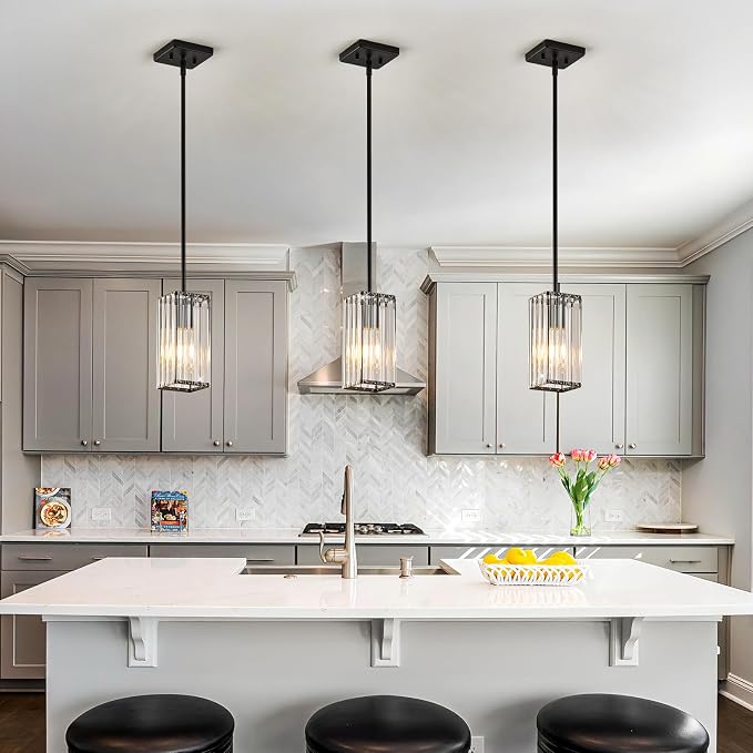 Modern Crystal Pendant Lights Kitchen Island, 3-Pack Black Hanging Light with Clear Crystal Shade, Adjustable Height Pendant Lighting for Kitchen Island Dining Room Bedroom Bar Entryway